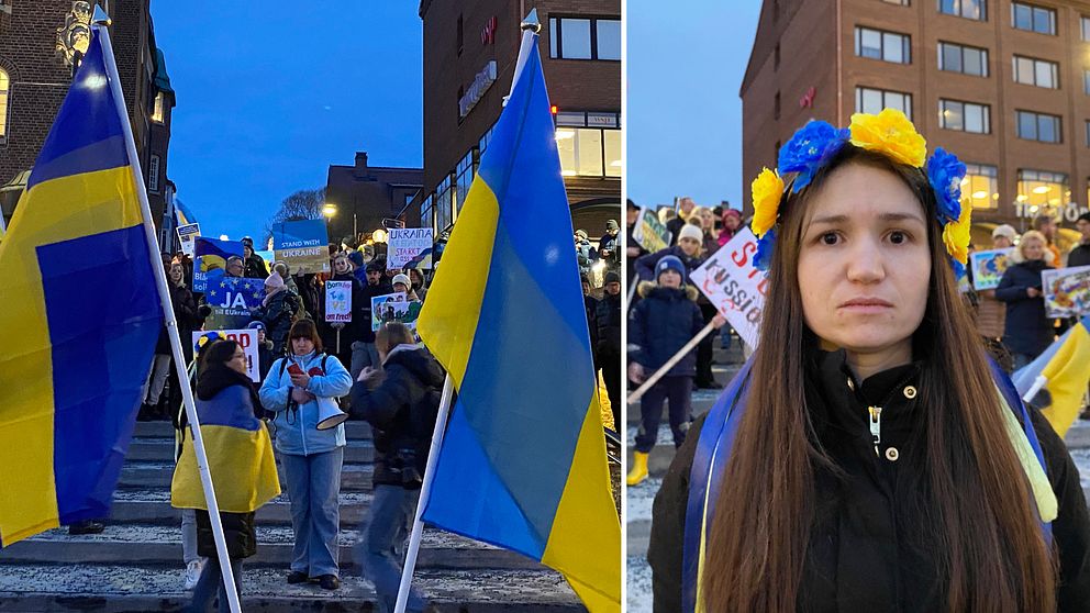 Tvådelad bild. Till vänster: demonstration med svenska och ukrainska flaggor. Till höger: Anna Lebid, initiativtagare till demonstrationen.