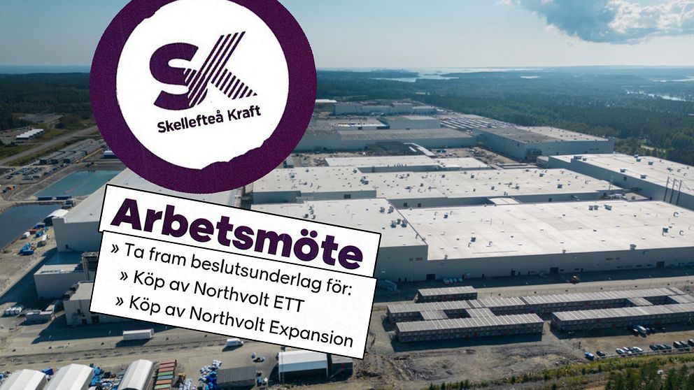 Flygbild över Northvolt-fabriken med Skellefteå Krafts logotyp och arbetsmötesinformation inklippt ovanpå.