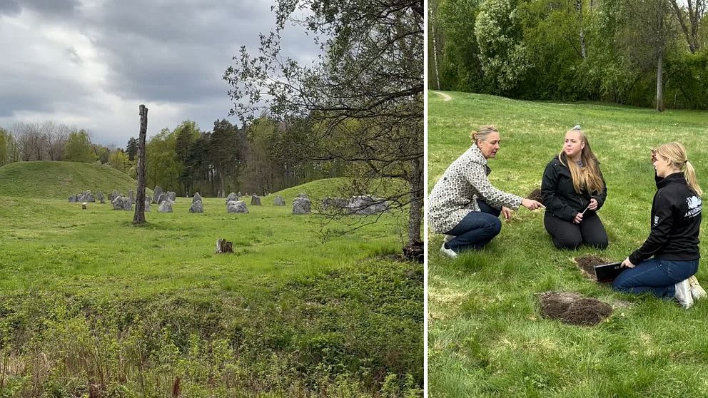 Delad bild. Till vänster: gravfält med stenar. Till höger: tre kvinnor undersöker marken.