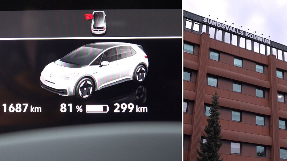 Till vänster en digital bild på bilen på monitorn på instrumentpanelen och till höger en exteriör av Sundsvalls kommunhus under hösten 2023