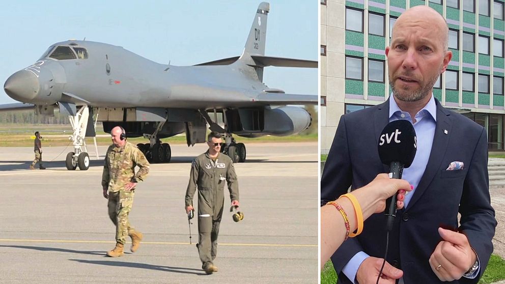 Två militärer framför ett stridsflygplan samt Bodens kommunalråd Claes Nordmark (S).