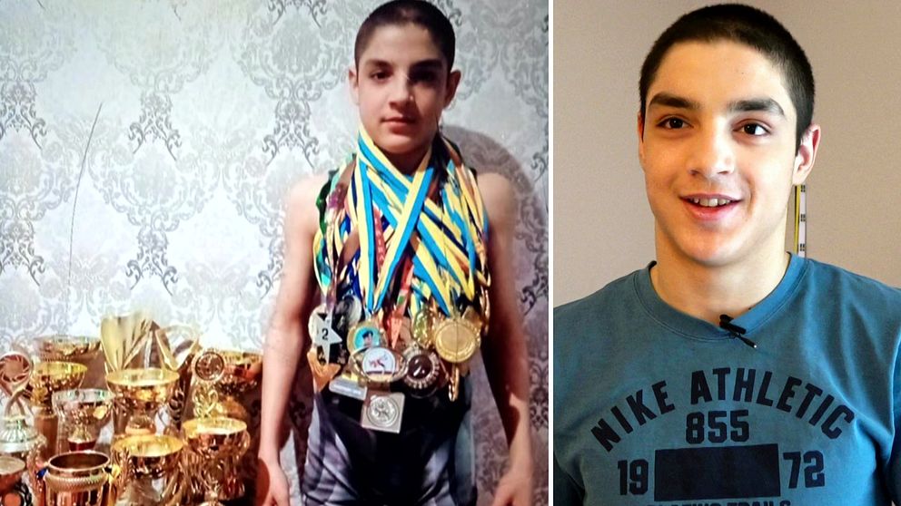 Ruslan Stagmat i ung ålder i Ukraina med massvis med medaljer runt halsen. Och en bild på Ruslan i Haparanda.