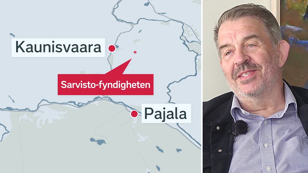 En karta där grafitfyndigheten i Sarvisto är utpekad samt gruvprofilen Per-Erik Lindvall.