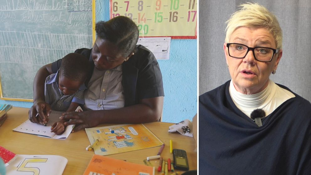 Kvinna lär ett barn skriva i ett klassrum på Haiti, Ulrika Kallin-Eriksson från hoppets stjärna.