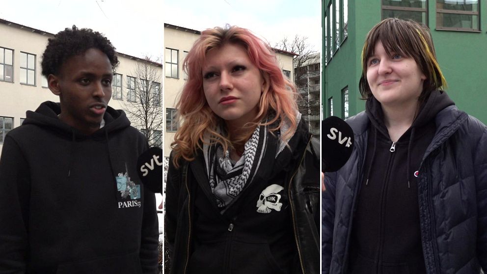 Tre studenter står utomhus bredvid Vasaskolan i Gävle.