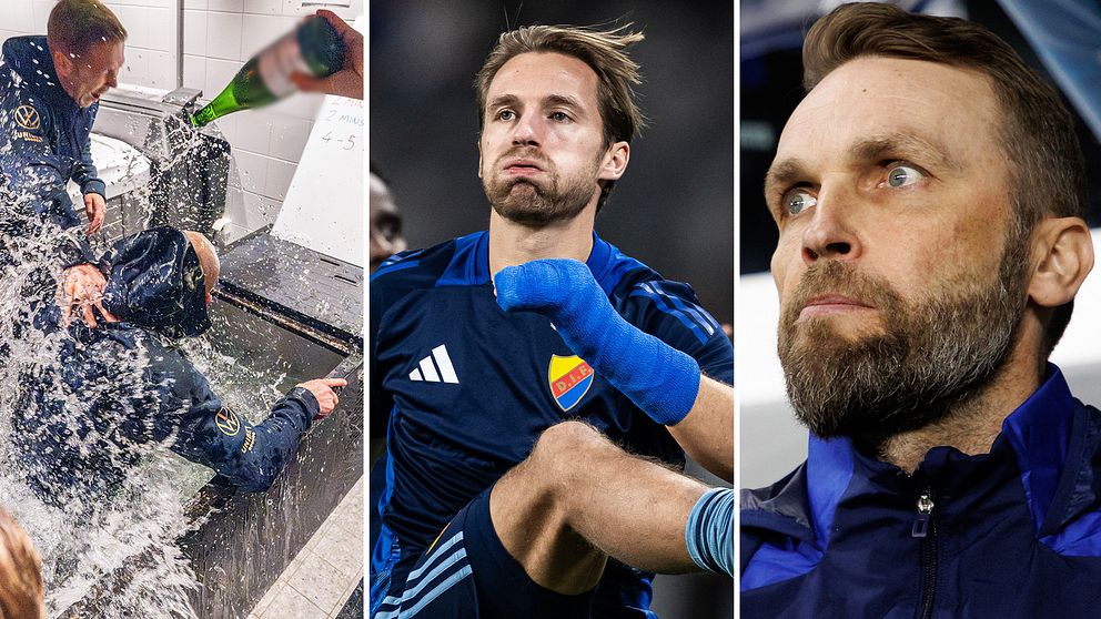 Tredelad bild. Till vänster: personer firar med champagne. I mitten: Djurgården-spelare sparkar boll. Till höger: fotbollsspelare i träningskläder.
