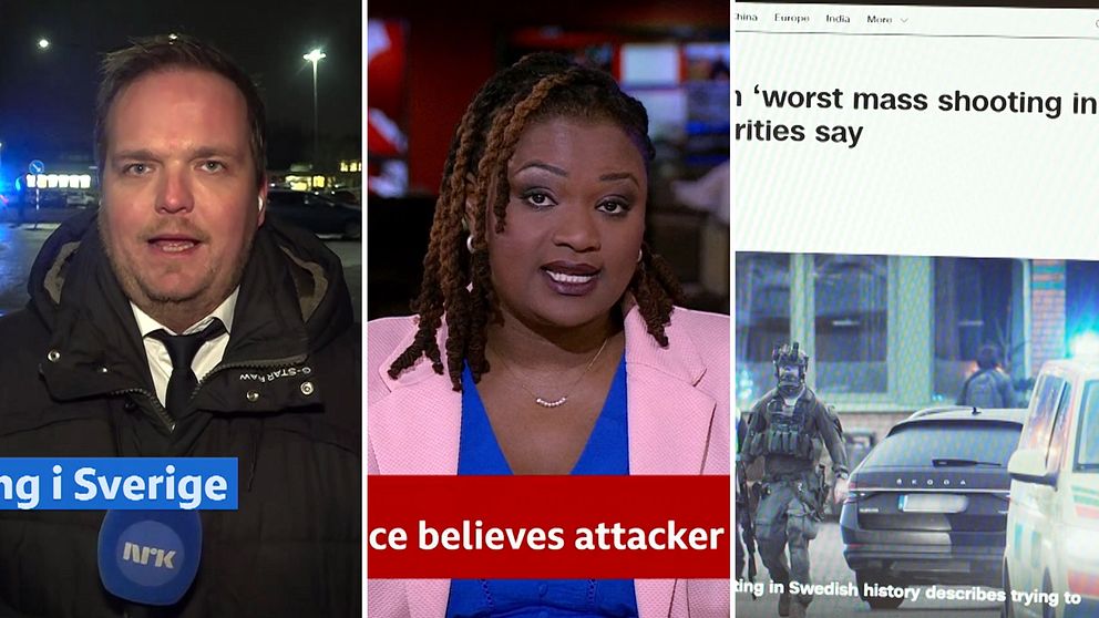 Delad bild i tre sektioner: Första sektionen visar en reporter utomhus med en mikrofon märkt ”NRK”, mot en mörk bakgrund. Den andra sektionen visar en nyhetsankare klädd i en rosa kavaj framför en studiomiljö, med en rubrik där ”police believes attacker” kan läsas. Tredje sektionen visar en bild av två tungt beväpnade poliser i skyddsutrustning framför en byggnad och ett fordon, med en textrad om ”worst mass shooting in Swedish history” synlig.