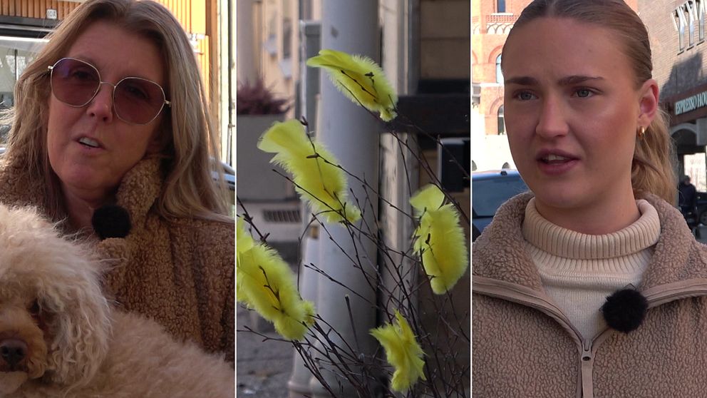 Påskfjädrar samt två kvinnor som intervjuas i Örnsköldsvik