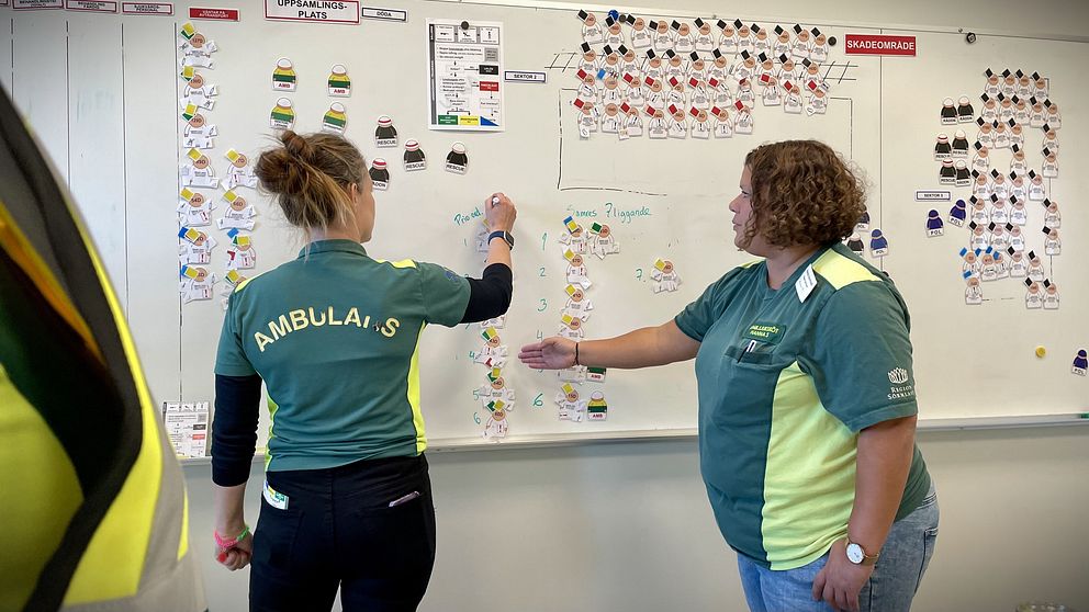 Två personer diskuterar vid en whiteboard som är täckt med färgglada klisterlappar och scheman. Den ena personen står med ryggen mot kameran och bär en tröja med texten ”AMBULANS”. Den andra personen pekar på en lista eller diagram på whiteboarden. Bakgrunden inkluderar olika färgade klisterlappar ordnade i ett mönster.