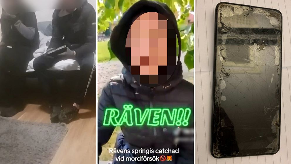 Ett montage med tre bilder. Tonåringar håller i vapen. En tonåring sitter på en bänk. Blurrade ansikten på alla. Sedan en krossad mobiltelefon.