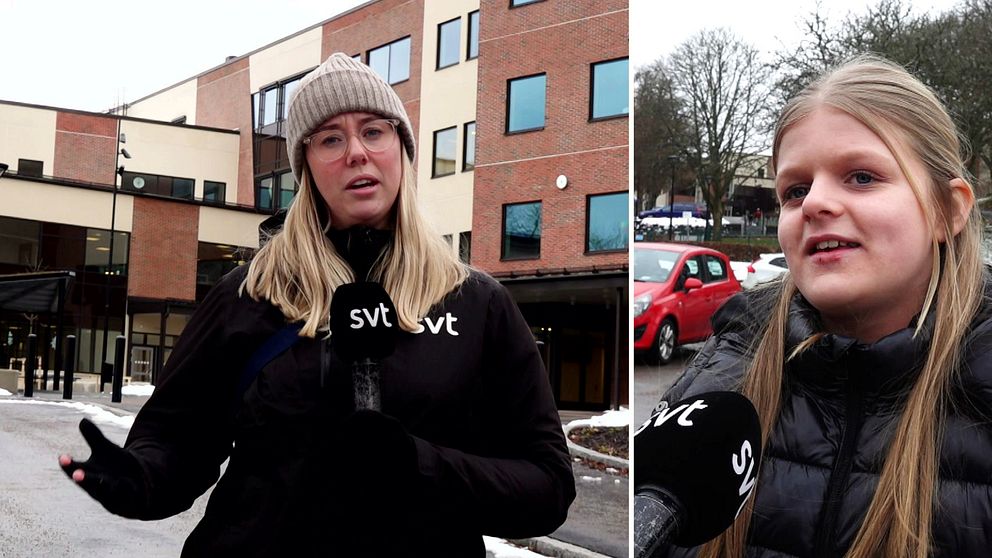 Till vänster syns en kvinna som pratar och gestikulerar framför en modern skola medan det till höger finns en flicka på en parkering som blir intervjuad. Båda personerna är klädda i vinterkläder.