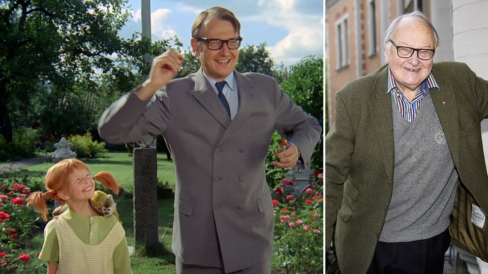 Arkivbild från när Fredrik Ohlsson kastar pil med Pippi. Till höger en bild på en äldre Fredrik Ohlsson utanför sitt hem.
