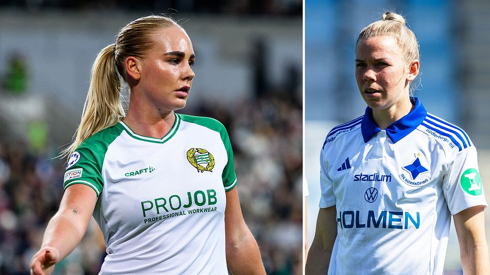 Delad bild. Till vänster: fotbollsspelare i grönvit tröja. Till höger: spelare i vitblå tröja.