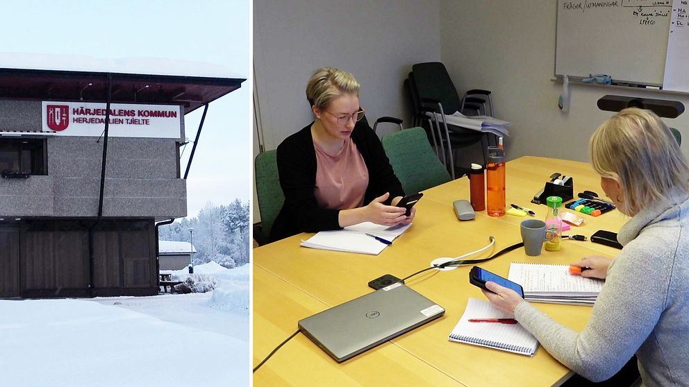 Till vänster: Kommunhuset i Sveg i vinterskrud. Till höger: Två anställda inom HR på Härjedalens kommun sitter och arbetar med papper och penna vid ett skrivbord.