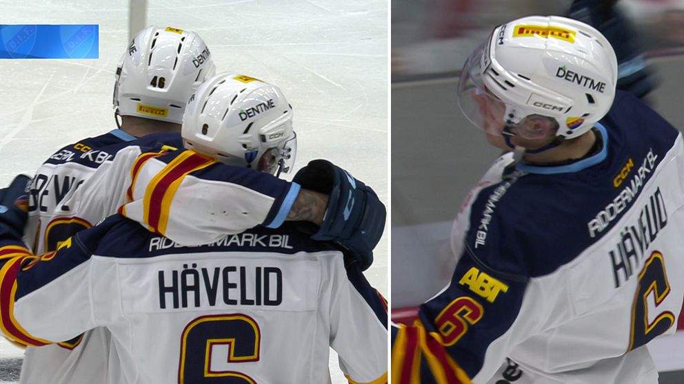 Tvådelad bild. Vänster: Djurgården-spelare omfamnar varandra. Höger: Närbild på spelare Havelid.
