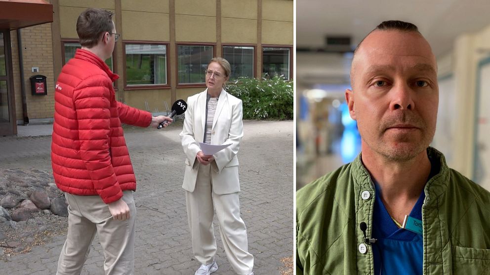 en reporter i röd jacka intervjuar en kvinna i vit kostym, samt en man i grön jacka och kort hår.