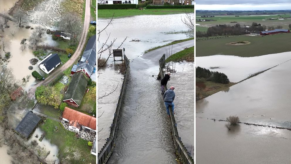Vattendränkta åkermarker och översvämmade åar i västra Skåne efter regnovädret.