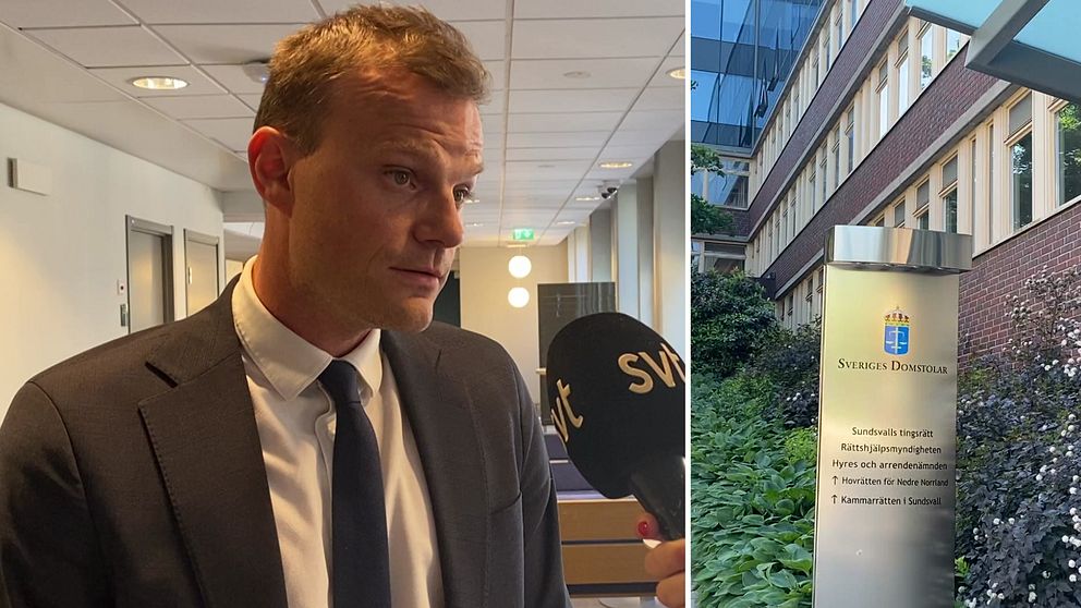 Advokat Mikael Westerlund och skylt på Sundsvalls Tingsrätt.