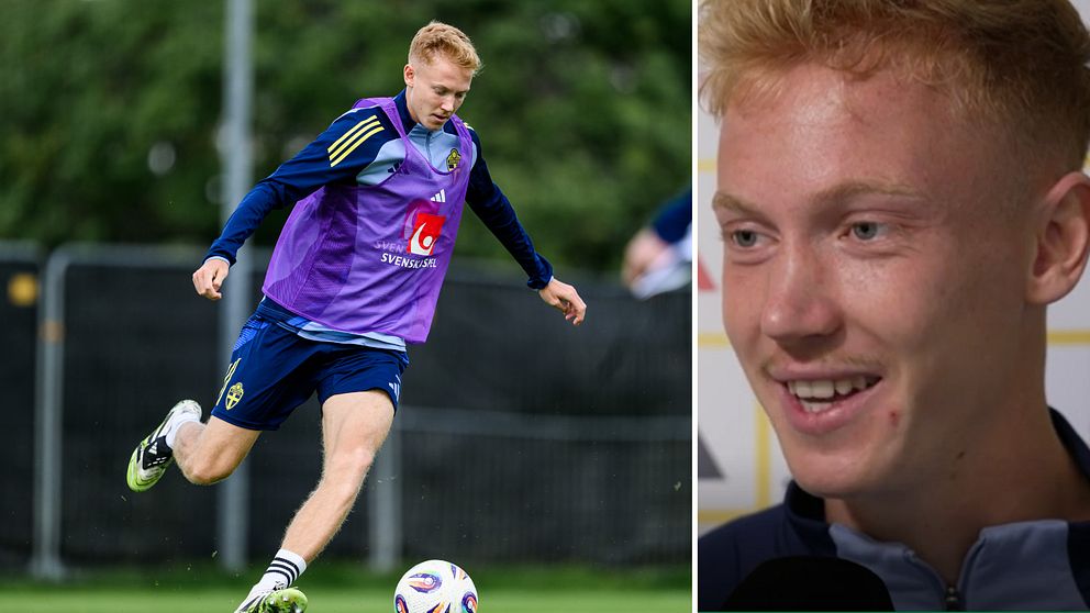 Hugo Larsson tränar i landslagskläder på fotbollsplan.