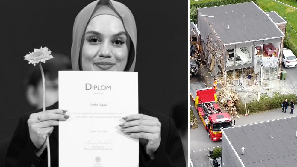 Kvinna med diplom, explosion i bostadshus