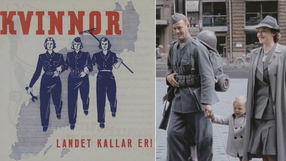 Delad bild. Till vänster: historisk propagandaposter om kvinnor i krigstjänst. Till höger: soldatfamilj promenerar.