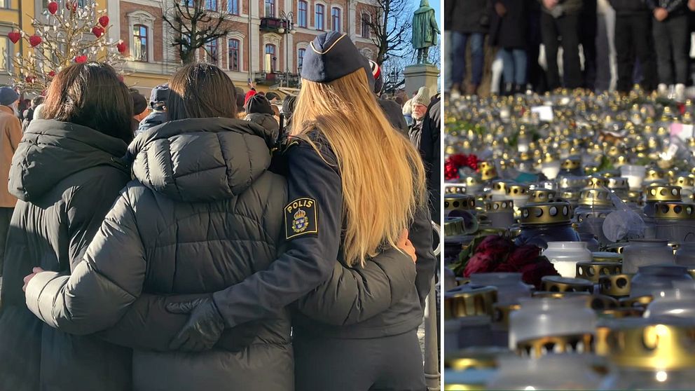 Till vänster står tre personer tillsammans med ryggen mot kameran, där en polis omfamnar två människor på ett torg omgiven av juldekorationer. Till höger visas en rad tända gravlyktor och blommor i minnesceremoni.