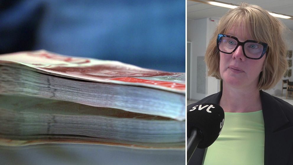 Delad bild. Pengar till vänster. Karin Eklund till höger.