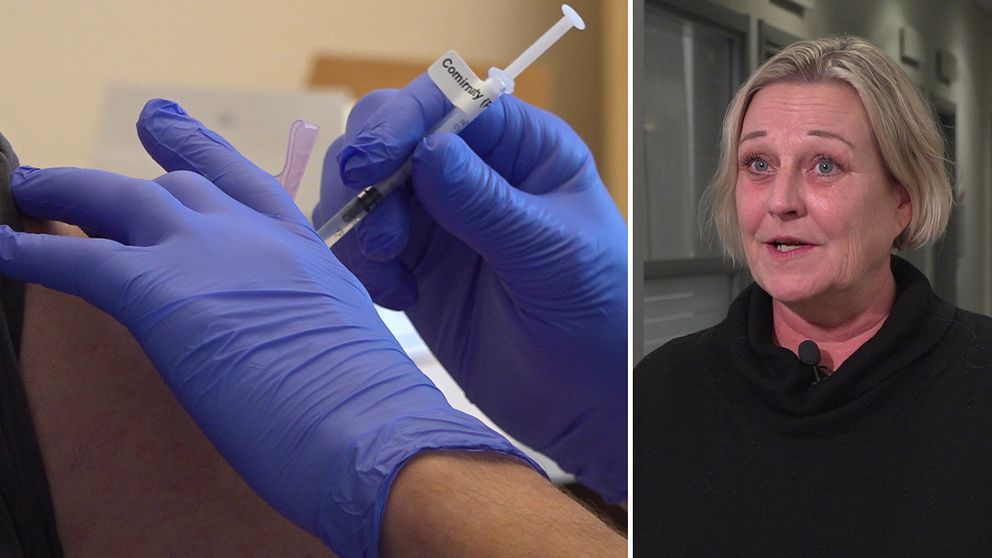 Till vänster är en bild på en person som får en spruta med covid-19 vaccin. Till höger är en bild på en Anna Ericsson som är vaccinationssamordnare i Region Jämtland Härjedalen.