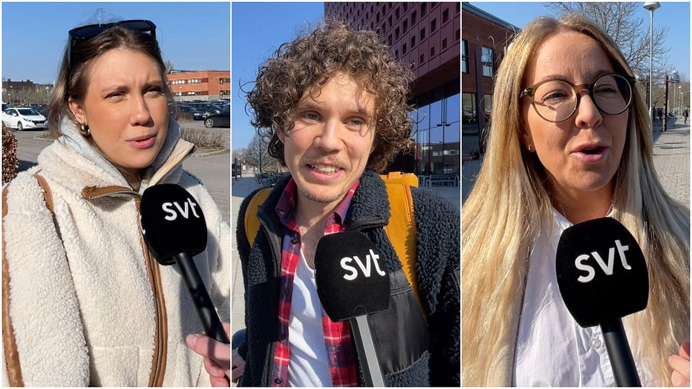 Tredelad bild. Vänster: Person intervjuas utomhus. Mitten: Person med solglasögon intervjuas. Höger: Person med långt hår intervjuas.