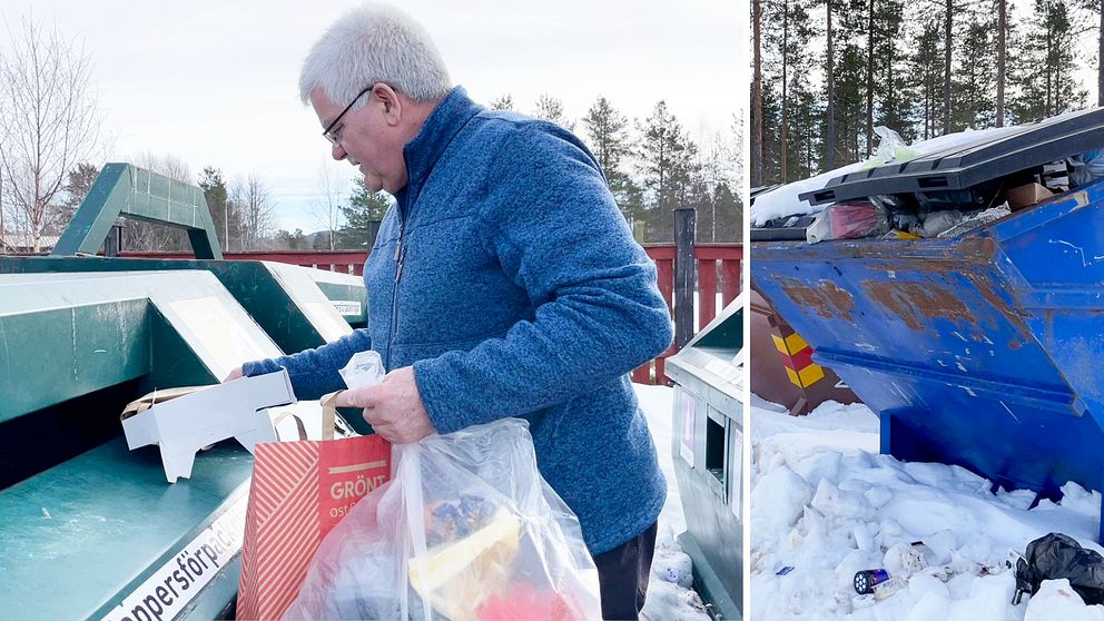Delad bild – till vänster en man i blå tröja som slänga avfall, till höger en bild container som är överfylld med sopor