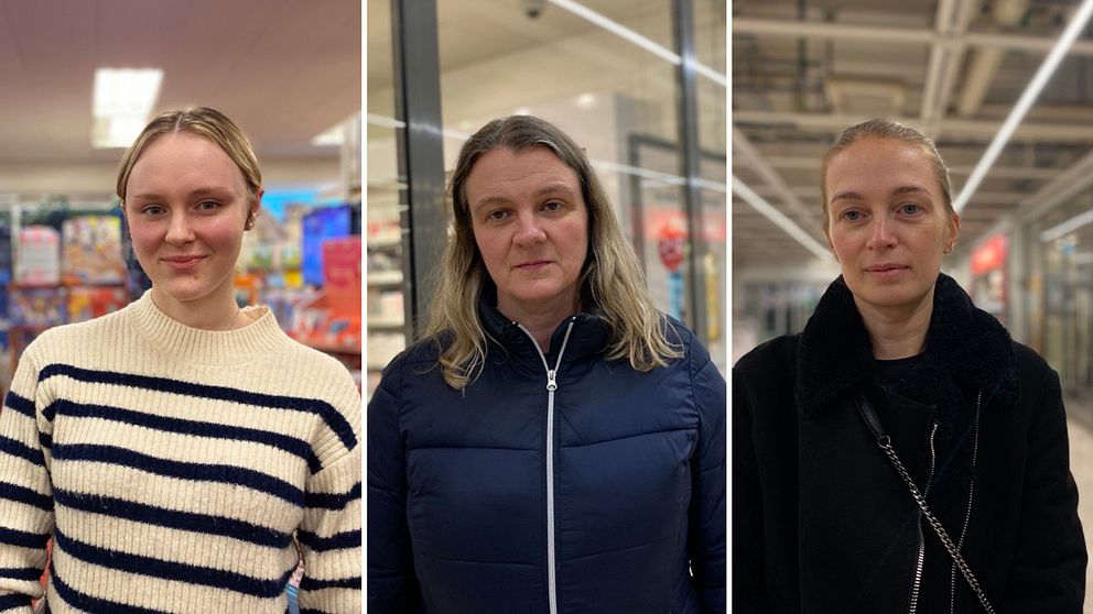 En splitbild på tre kvinnor i ett köpcentrum.