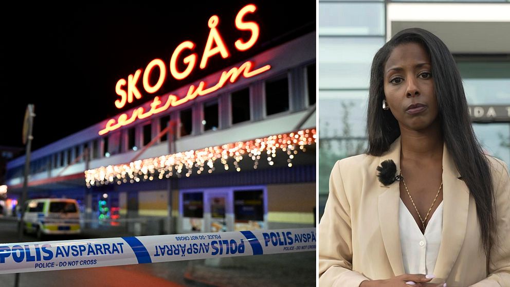Bild på polisavspärrning i Skogås centrum och bild på SVT:s reporter Sofia Yohannes.