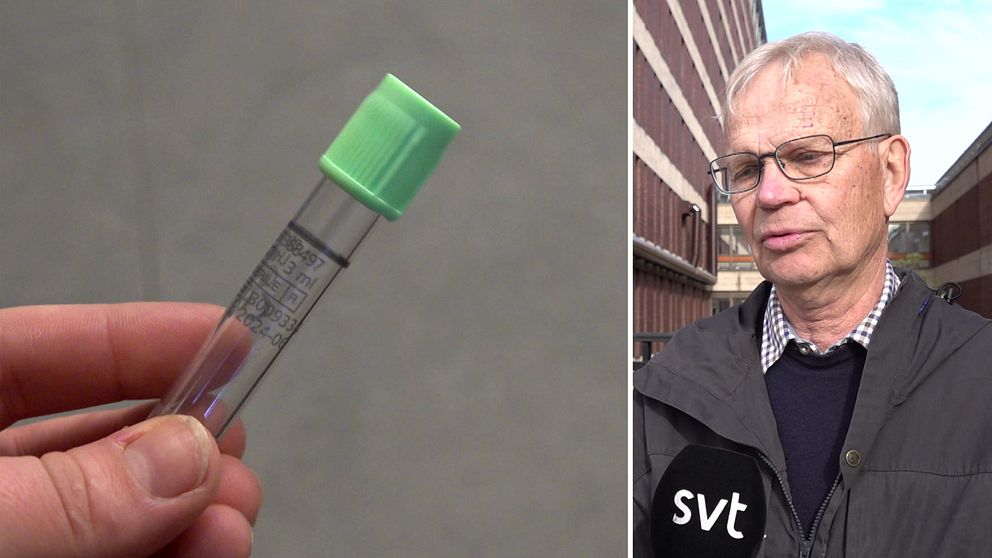 Provrör för blodprov med en grön kork. Till höger en äldre man som står framför en sjukhusbyggnad.