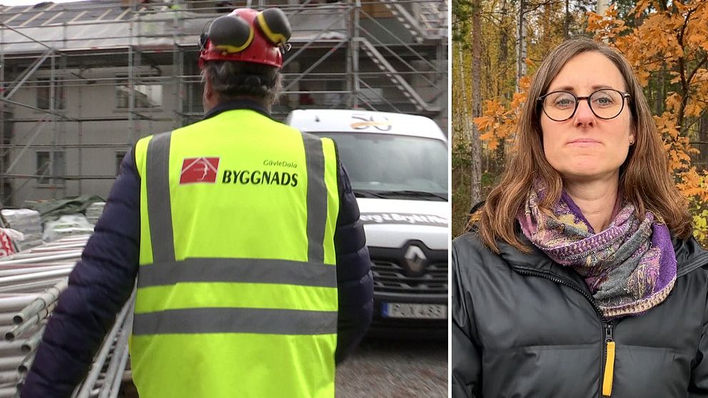 Till vänster en man med gul väst, på ryggen står det ”Byggnads”, till höger en kvinna, Kristin Hansen, i dunjacka framför höstfärgade träd.