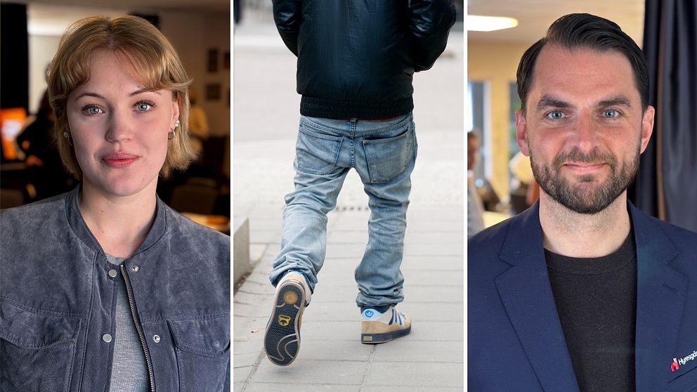 Tredelad bild. Vänster: person inomhus. Mitten: person som går bortåt. Höger: person i kostym.