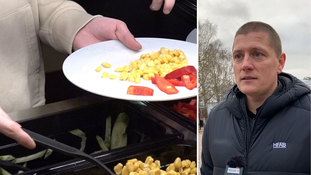 En bild på en hand på en elev som tar skolmat och en bild på Niklas Ståhl bostadsocialchef på HFAB