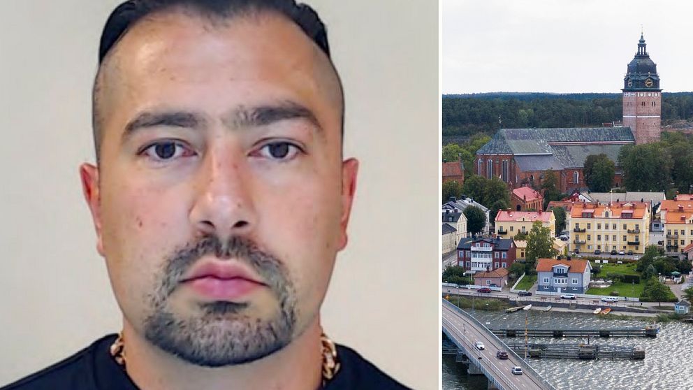 Tvådelad bild med Rawa Majid till vänster och en flygbild över Strängnäs med domkyrkan i centrum