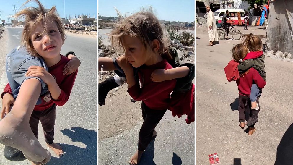 En delad bild med tre sektioner som visar två barn. I den första sektionen bär ett barn ett annat barn på ryggen medan de står vid en väg. Den andra sektionen visar en närbild av barnet som bär det andra, som håller fast sig runt midjan. I den tredje sektionen går de framåt, med den bärande barnet som visar stöd och omsorg medan de navigerar genom en stadslandskap.