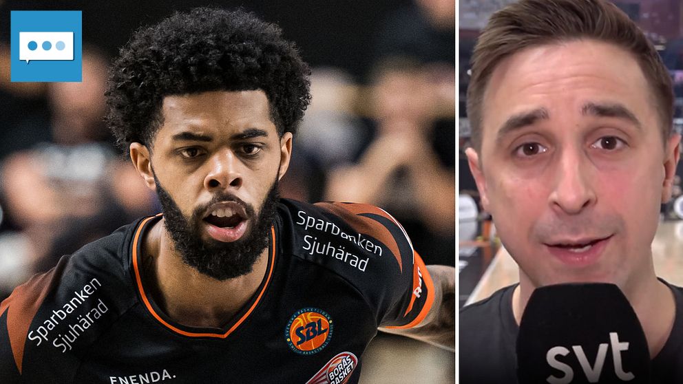 Tvådelad bild. Till vänster: basketspelare i matchtröja. Till höger: person håller SVT-mikrofon.