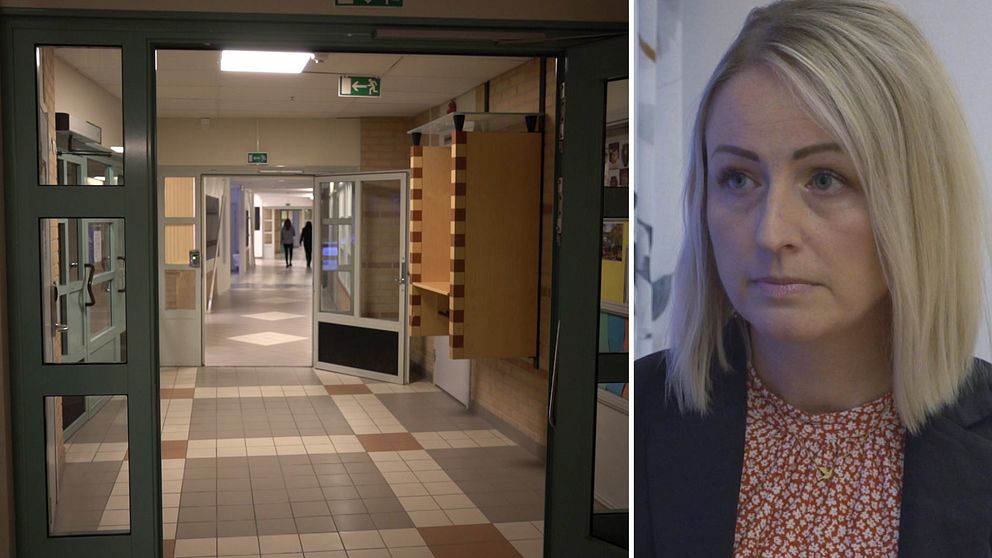 En korridor i en skola och en kvinna i medelåldern