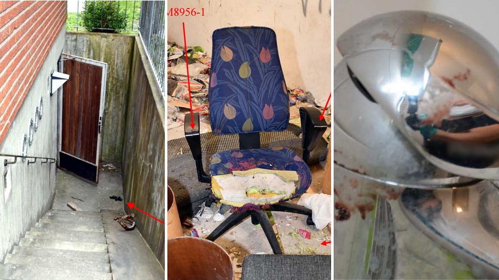 tredelad bild där den första föreställer en trappa till en källare. den andra bilden en blå stol och den trdje bildern föeställer en blodig kran