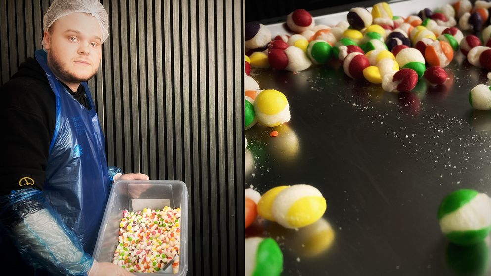Casper Horn Lundberg på Freeze Candy Sweden, visar hur han producerar frystorkat godis av Skittles, en trend på Tiktok som nått många svenskar.