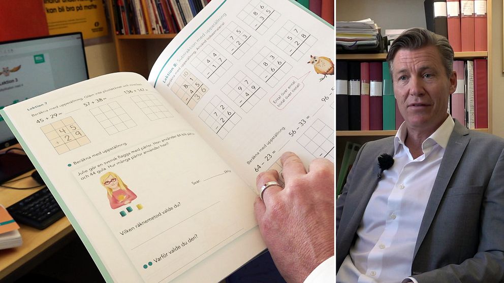 Tvådelad bild. Vänster sida: person bläddrar i en matematikbok. Höger sida: man i kostym framför bokhylla.