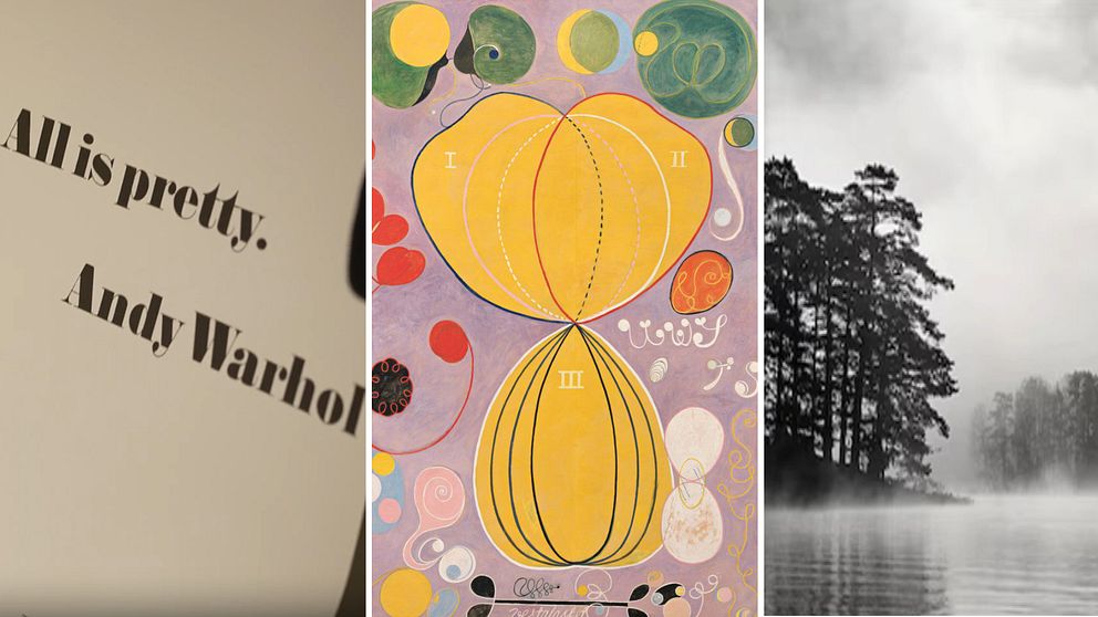 Tredelad bild. Vänster: Andy Warhol-citat. Mitten: Abstrakt konstverk med gula cirklar. Höger: Tyst sjölandskap.