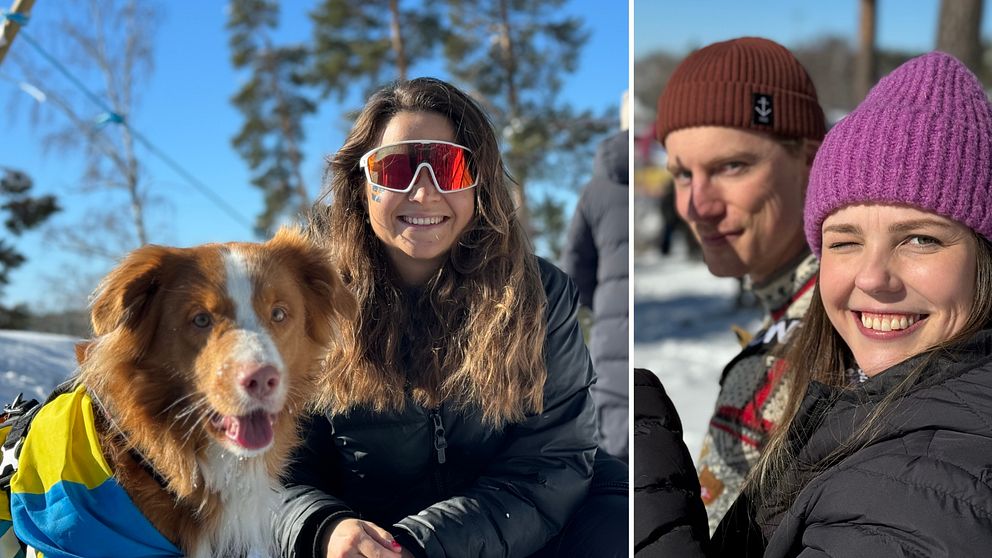 Solsken på Skidspelen i Falun där tre människor njuter och en hund inlindad i Sverigeflagga