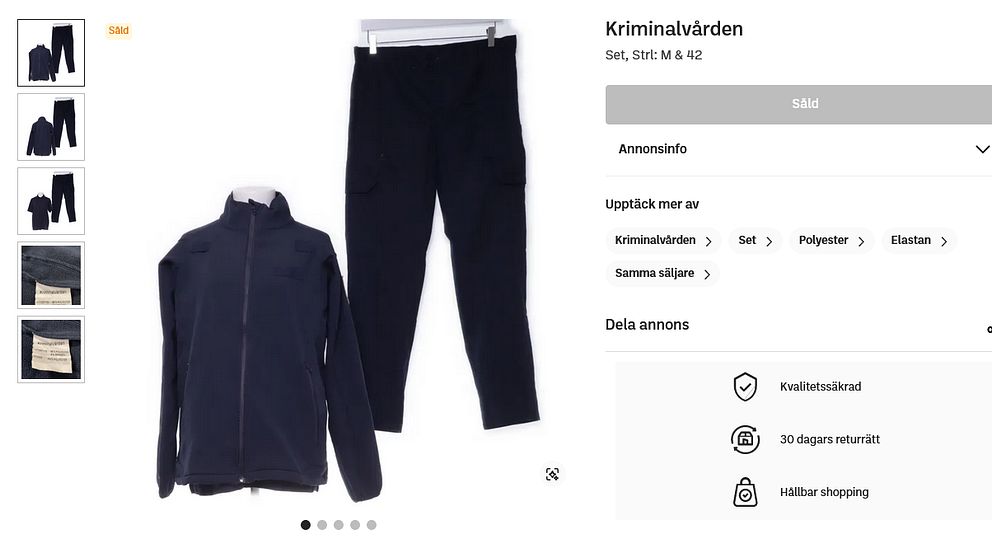 Skärmdump från annons på Sellpy. Till vänster: Foton som föreställer ett set med kläder från Kriminalvården. Till höger: annonsinformation.