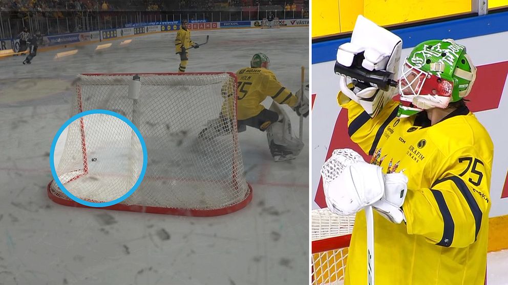Tvådelad bild. Till vänster: puck går in i mål. Till höger: målvakt i gul tröja med huvudet i händerna.