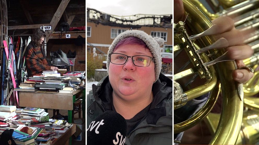 tre olika bilder i en. 1) kvinna/Camilla Storm i byteshandel. 2) Kvinna/Emma Pettersson framför brandskadat hus. 3) närbild på fingrar och blåsinstrument