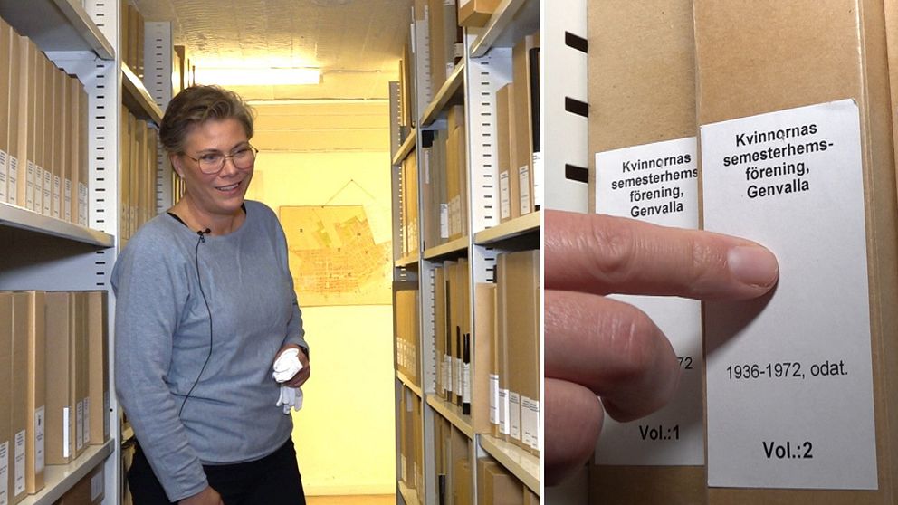 Arkivchefen vid föreningsarkivet i Östersund, Eva Tegnhed, går i arkivet och plockar fram en mapp med intressant lokalhistoria.