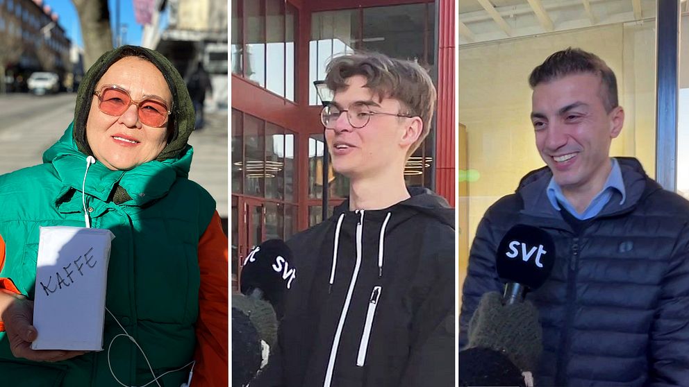 Tredelad bild. Vänster: person med kaffepaket. Mitten och höger: två intervjuer med SVT-mikrofon.